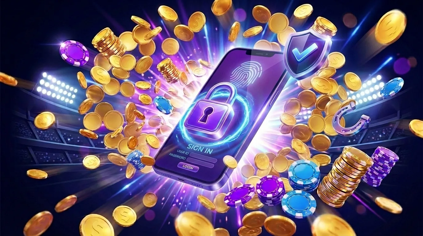 Kwiff casino secure login 2FA padlock fingerprint mobile artwork